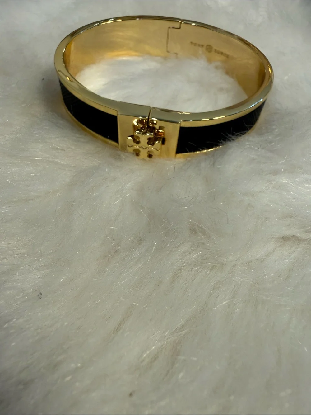 Tory Burch Black and Gold Logo Hinge Bangle